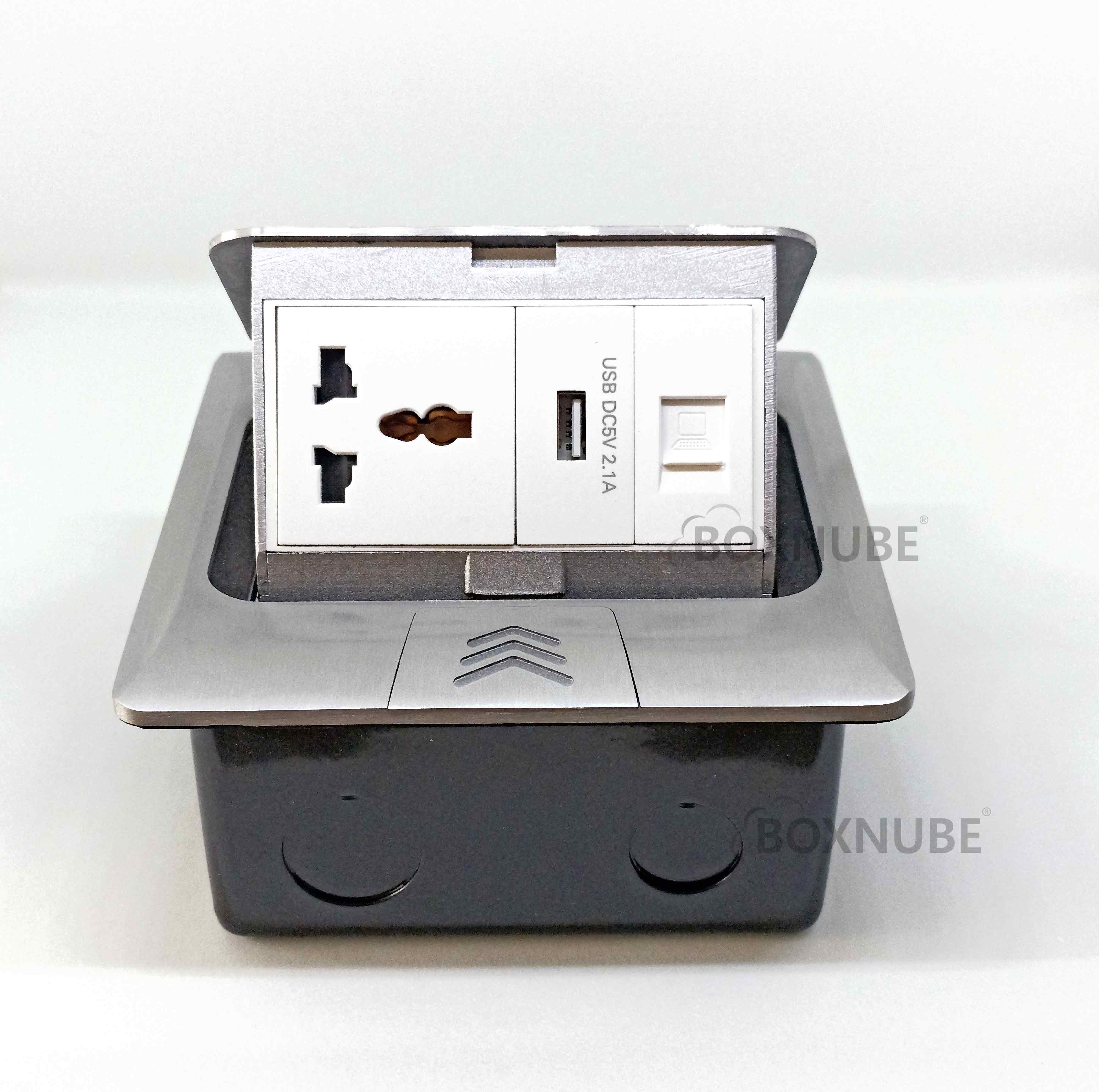 BOXNUBE Hydraulic Pop UP Box Cable Cubby Extension Board with Universal Power Socket, CAT6 LAN, USB Ports (Silver) BOXNUBE Hydraulic Pop UP Box Cable Cubby Extension Board with Universal Power Socket, CAT6 LAN, USB Ports (Silver)